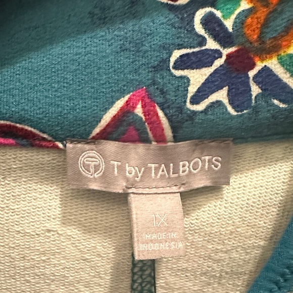 Talbots Teal Floral Quarter-Zip Pullover - Picture 2 of 5